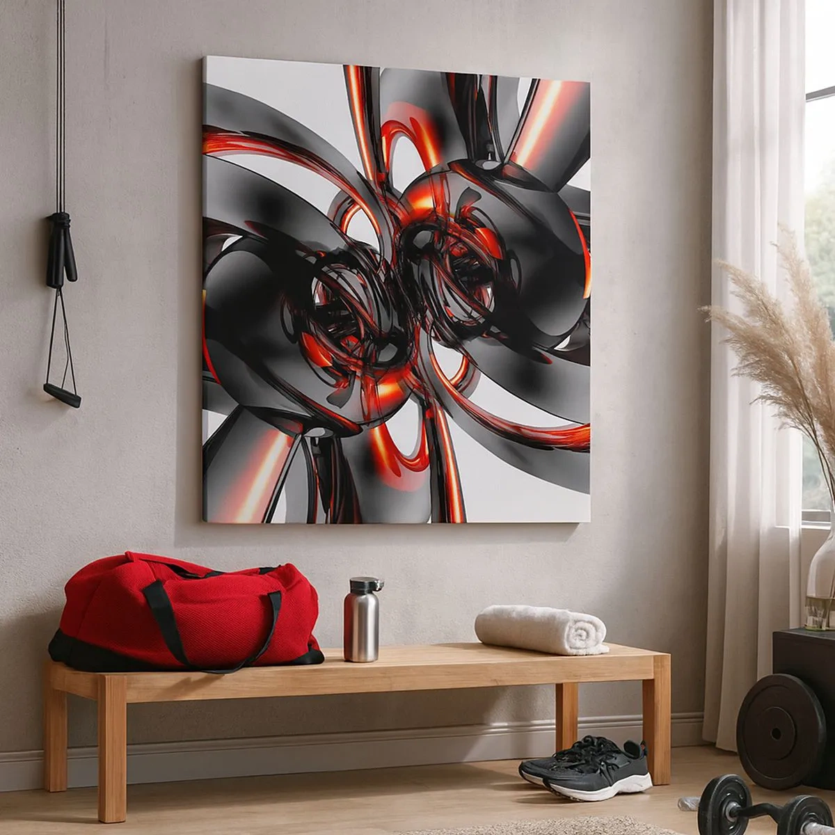 Tablou pe pânză - Mișcare în grafit și roșu - 30x30 cm