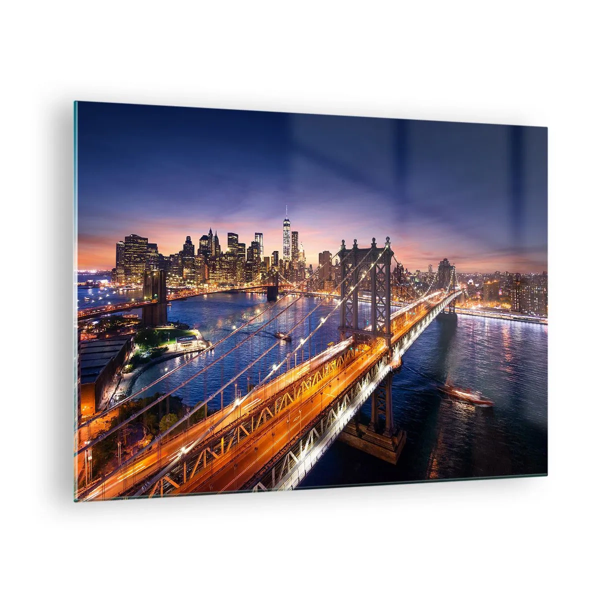 Tablou pe sticlă - Podul pe fundalul panoramei orașului de seară cu zgârie-nori iluminați - 70x50cm - Pe un pod luminos către inima orașului - Decorațiune modernă pentru perete pentru living și dormitor ARTTOR