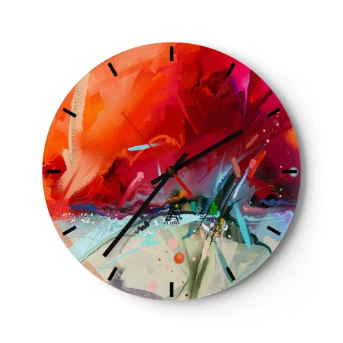 Ceas de perete - Ceas pe sticlă - Un joc abstract de roșu intens și detalii subtile - 30x30cm - O explozie de lumini și culori - Decorațiune modernă pentru perete pentru living, bucătărie și dormitor ARTTOR