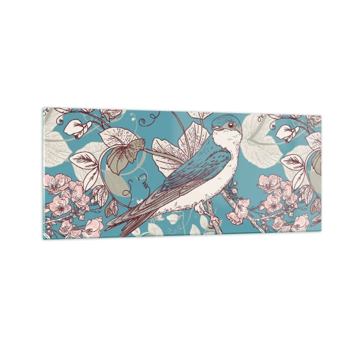 Tablou pe sticlă - Ciripit în florile albe - 100x40 cm