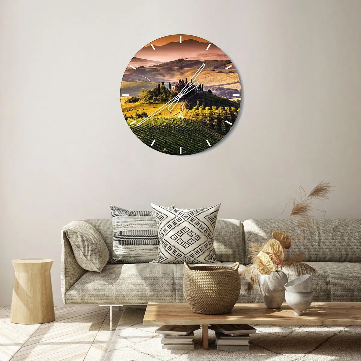 Ceas de perete - Ceas pe sticlă - Dealuri pitorești cu copaci și podgorii în lumina caldă - 30x30cm - Arcadia - peisaj toscan - Decorațiune modernă pentru perete pentru living, bucătărie și dormitor ARTTOR