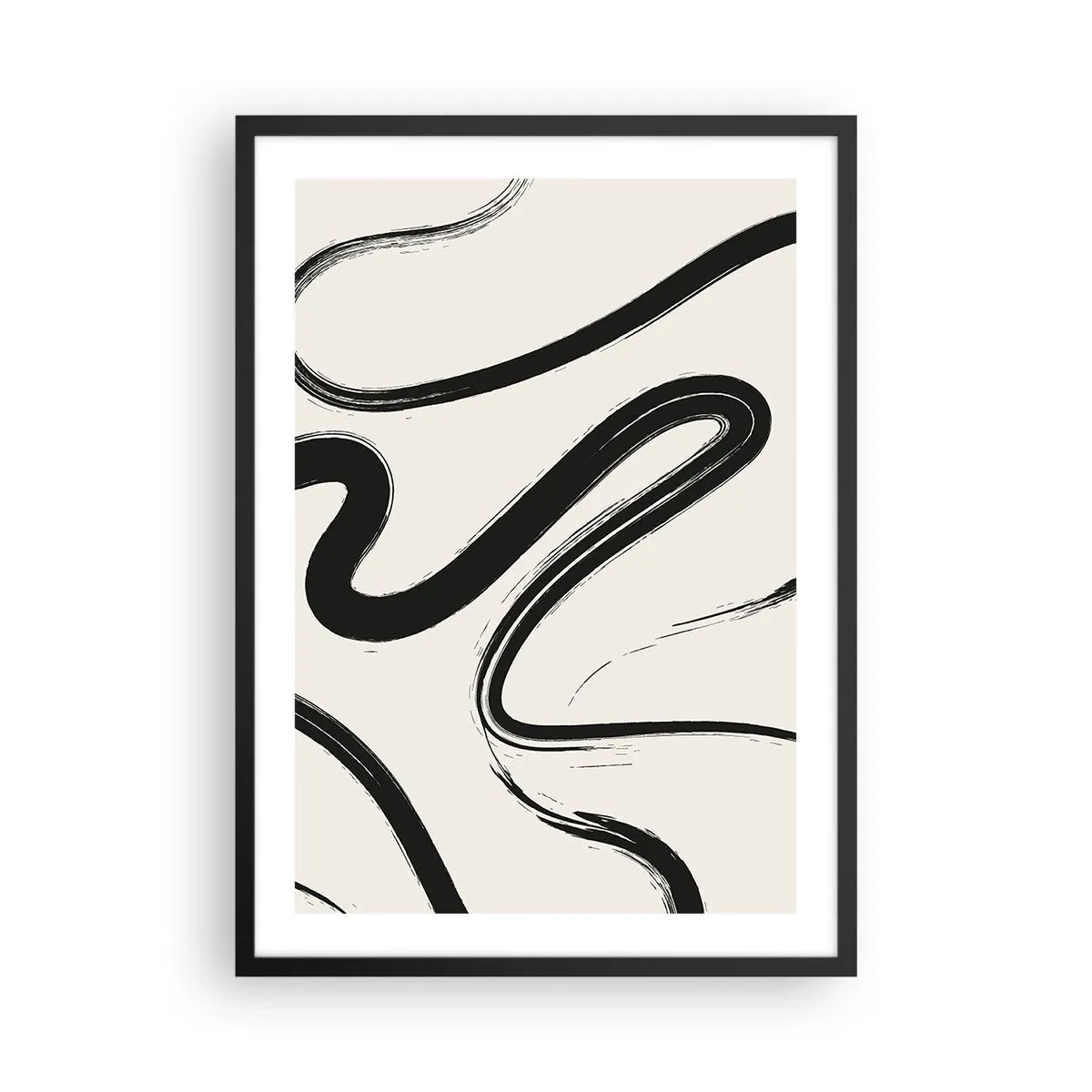 Poster în ramă neagră - Linii negre abstracte pe un fundal deschis - 50x70cm - Capriciu în alb și negru - Decorațiune modernă pentru perete pentru living și dormitor ARTTOR