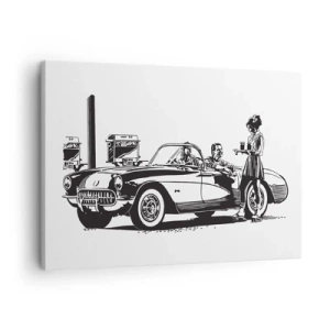Tablou pe pânză Canvas - O scenă retro alb-negru cu o mașină și o chelneriță pe role. - 70x50cm - 60. - America fără griji - Decorațiune modernă pentru perete pentru living și dormitor ARTTOR