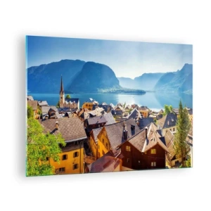 Tablou pe sticlă - Un oraș pitoresc pe malul unui lac, înconjurat de munți - 70x50cm - Nici că se putea mai pitoresc - Decorațiune modernă pentru perete pentru living și dormitor ARTTOR