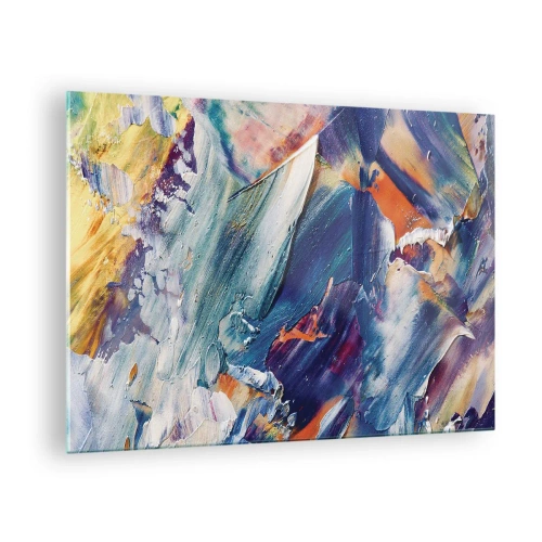 Tablou pe sticlă - Abstracție dinamică cu tușe groase de vopsea - 70x50cm - Confuzie de culori - Decorațiune modernă pentru perete pentru living și dormitor ARTTOR