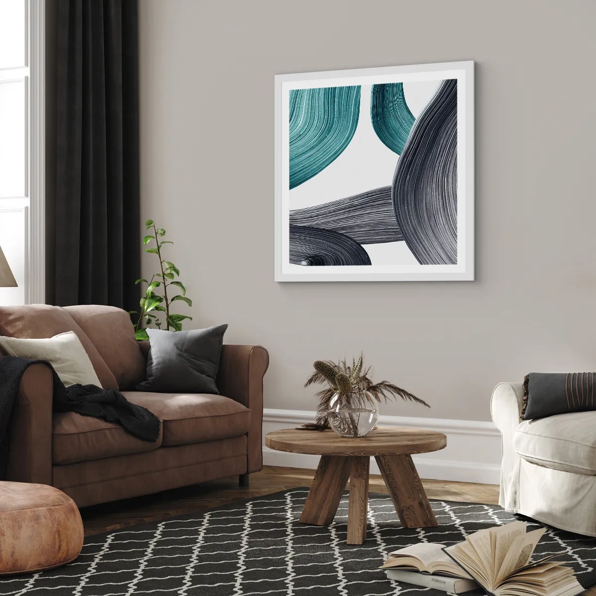 Poster în ramă albă - Trasee de smarald și negru - 60x60 cm