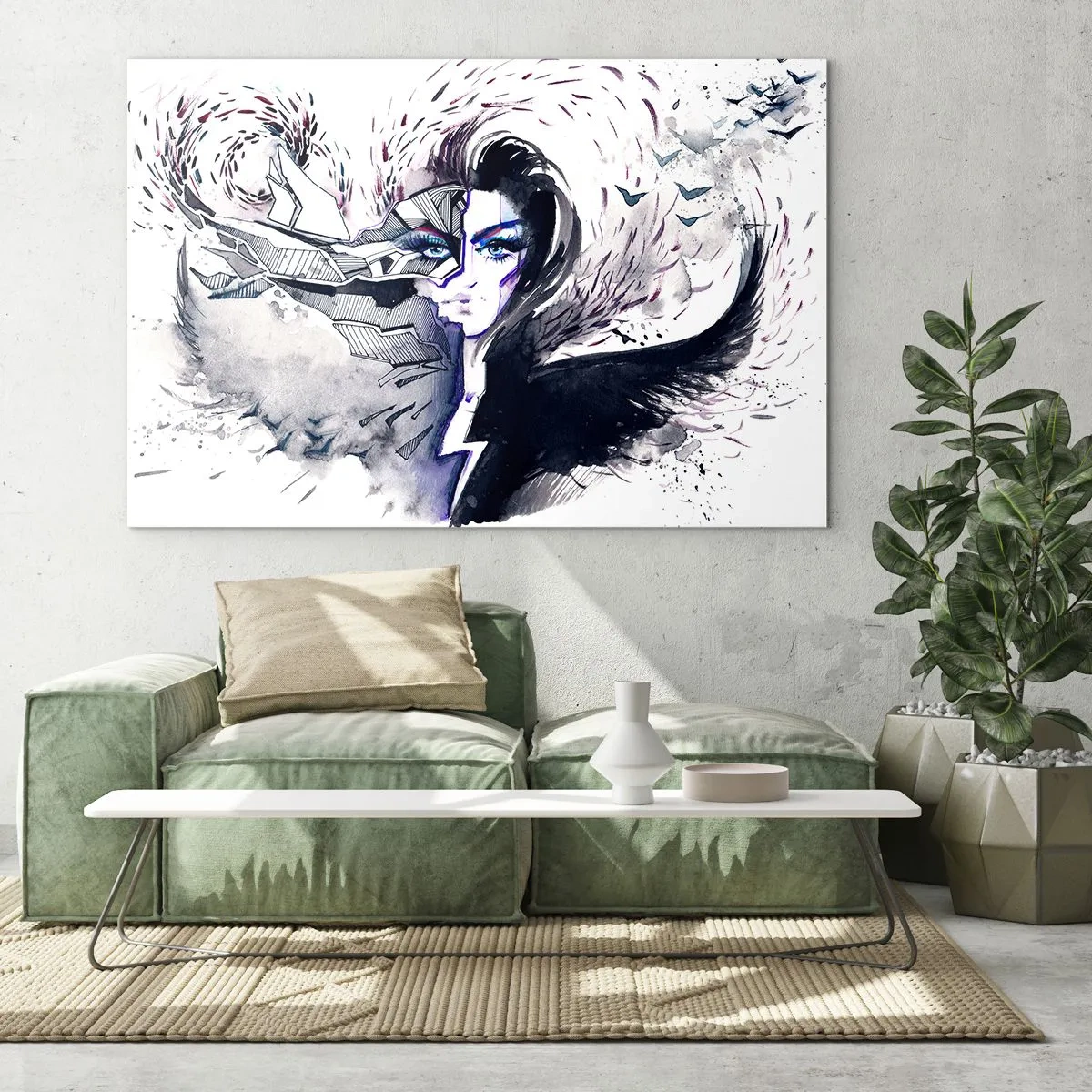 Tablou pe sticlă - Portret abstract cu elemente dinamice și negru - 70x50cm - Demonică și frumoasă - Decorațiune modernă pentru perete pentru living și dormitor ARTTOR