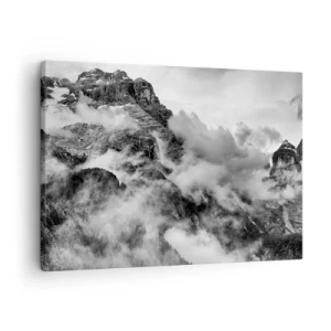 Tablou pe pânză Canvas - Vedere alb-negru a munților înconjurați de nori - 70x50cm - Frumoase și crude - Decorațiune modernă pentru perete pentru living și dormitor ARTTOR