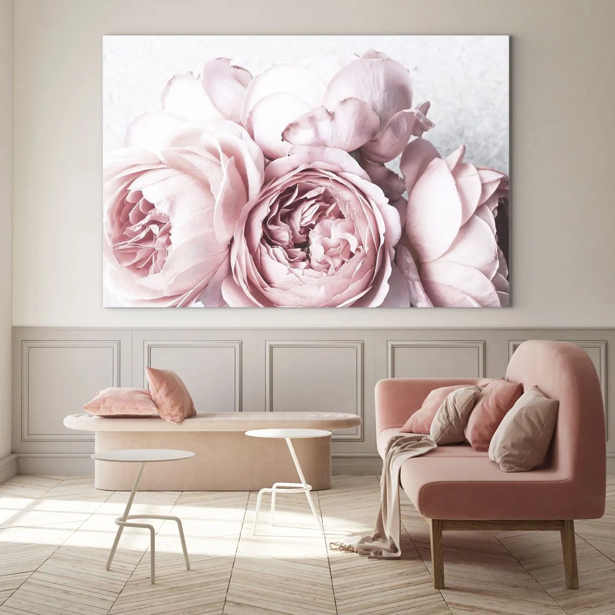 Tablou pe sticlă - Prim-plan cu flori de bujor roz în lumină blândă - 70x50cm - Pentru romantici - Decorațiune modernă pentru perete pentru living și dormitor ARTTOR
