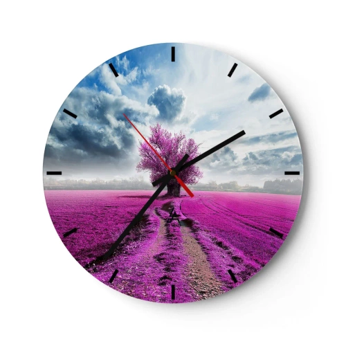 Ceas de perete - Ceas pe sticlă - Un câmp violet cu un copac singuratic pe fundalul norilor - 30x30cm - Câmpul cu iarbă neagră - Decorațiune modernă pentru perete pentru living, bucătărie și dormitor ARTTOR
