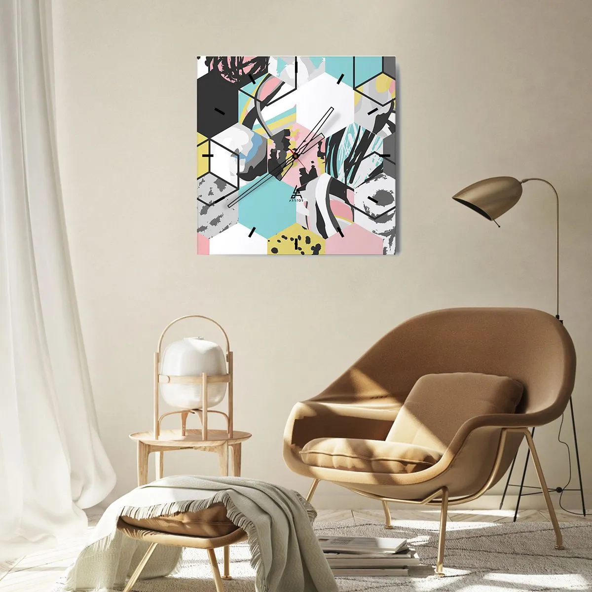 Ceas de perete - Ceas pe sticlă - Hexagoane și cuburi în șase culori - 40x40 cm