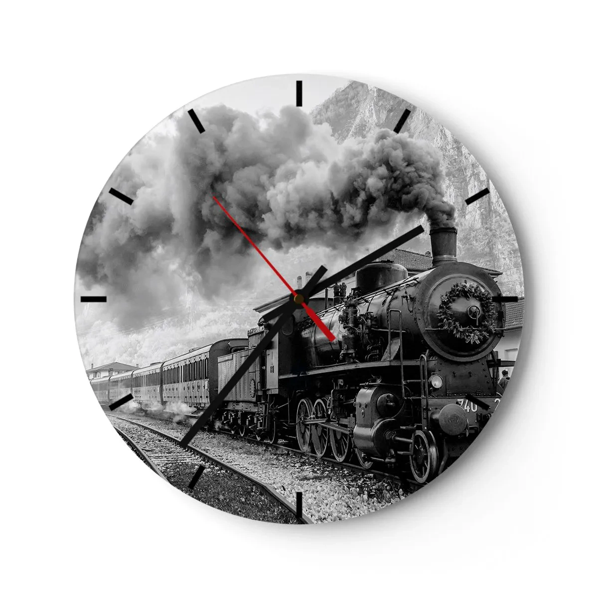 Ceas de perete - Ceas pe sticlă - O locomotivă cu aburi alb-negru cu un coș de fum - 30x30cm - La gară... - Decorațiune modernă pentru perete pentru living, bucătărie și dormitor ARTTOR