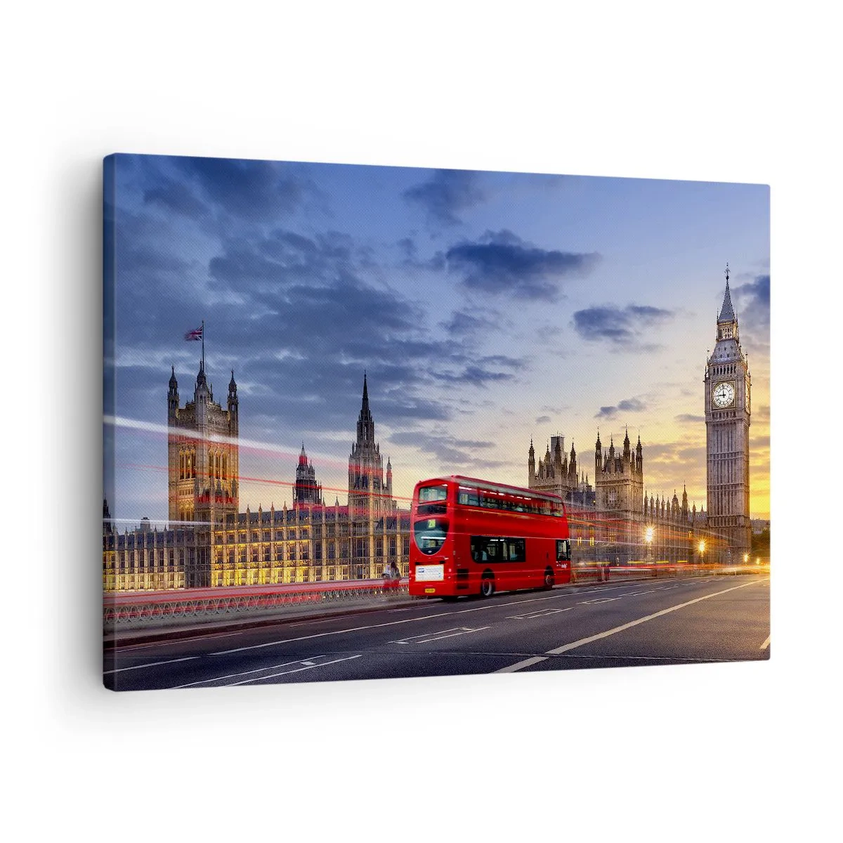 Tablou pe pânză Canvas - Un autobuz roșu cu Big Ben și Palatul Parlamentului în fundal la amurg. - 70x50cm - Semne distinctive - Decorațiune modernă pentru perete pentru living și dormitor ARTTOR
