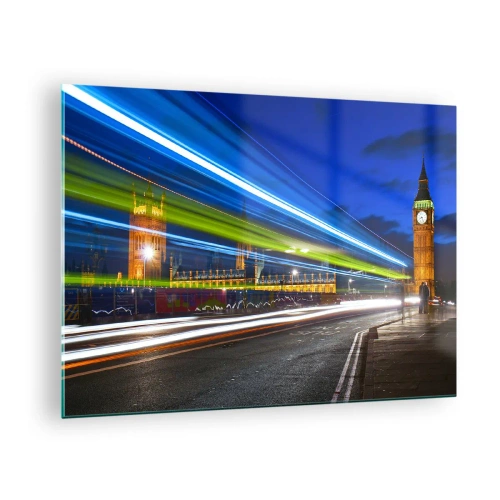 Tablou pe sticlă - Big Ben noaptea cu luminile mașinii neclare - 70x50cm - Sub ochiul lui Big Ben - Decorațiune modernă pentru perete pentru living și dormitor ARTTOR