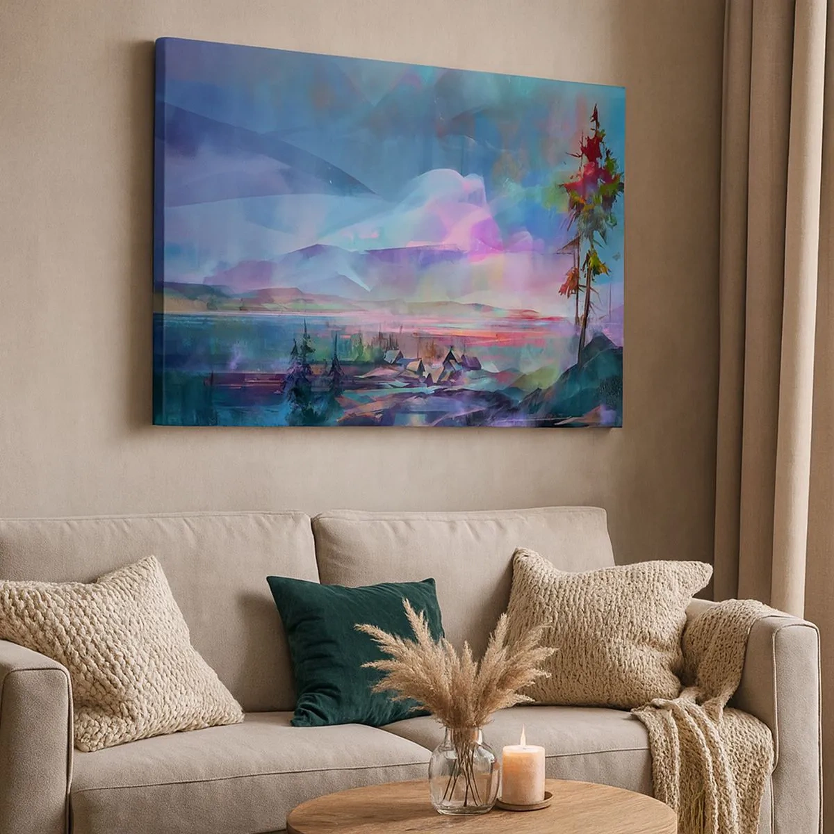 Tablou pe pânză Canvas - Peisaj montan cu un cer colorat și un sat - 70x50cm - Sub un cer binevoitor - Decorațiune modernă pentru perete pentru living și dormitor ARTTOR