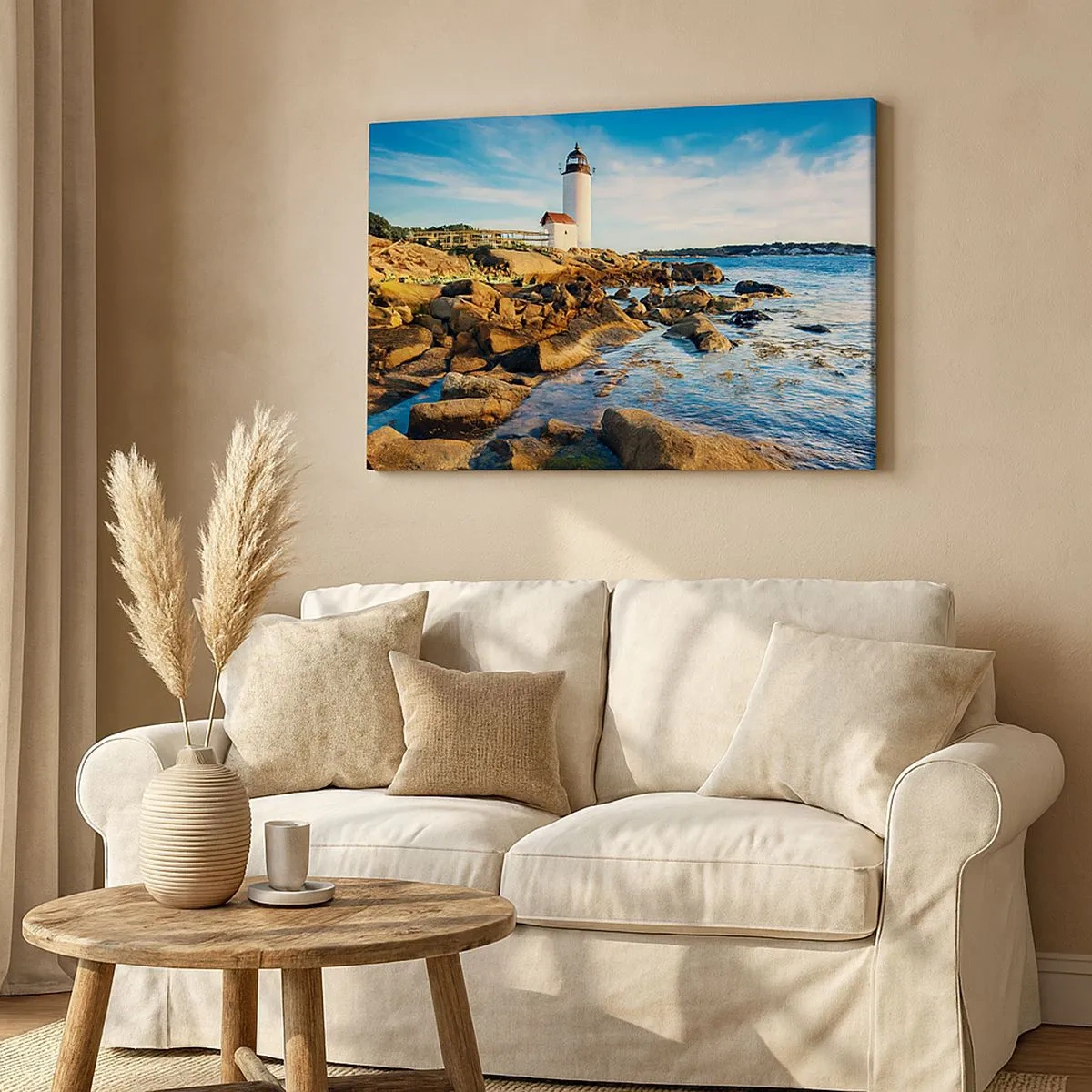 Tablou pe pânză Canvas - Un far pe o coastă stâncoasă într-o zi însorită - 70x50cm - Întoarce-te acasă fericit, te aștept cu nerăbdare - Decorațiune modernă pentru perete pentru living și dormitor ARTTOR
