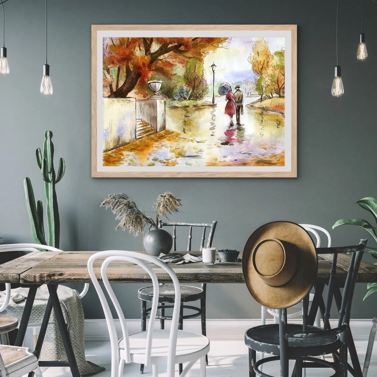 Poster în ramă de stejar deschis - Toamnă romantică în parc - 70x50 cm