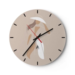 Ceas de perete - Ceas pe sticlă - Femeie elegantă cu pălărie pe fundal bej - 30x30cm - Moda este distractivă - Decorațiune modernă pentru perete pentru living, bucătărie și dormitor ARTTOR