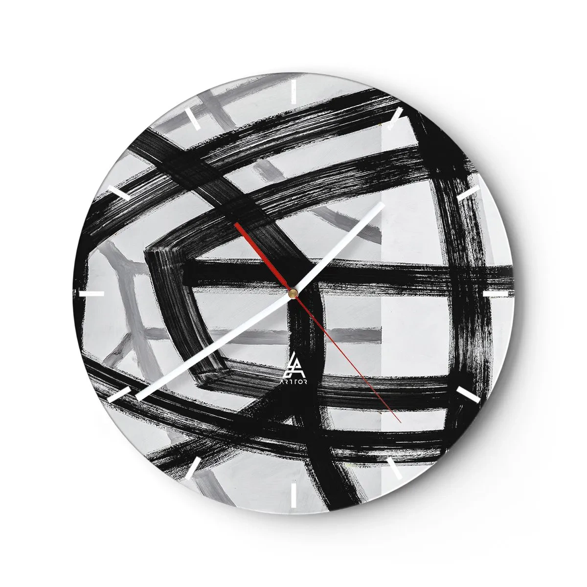 Ceas de perete - Ceas pe sticlă - Tușe dinamice negre de pensulă care creează modele tridimensionale - 30x30cm - Construind adâncimea - Decorațiune modernă pentru perete pentru living, bucătărie și dormitor ARTTOR
