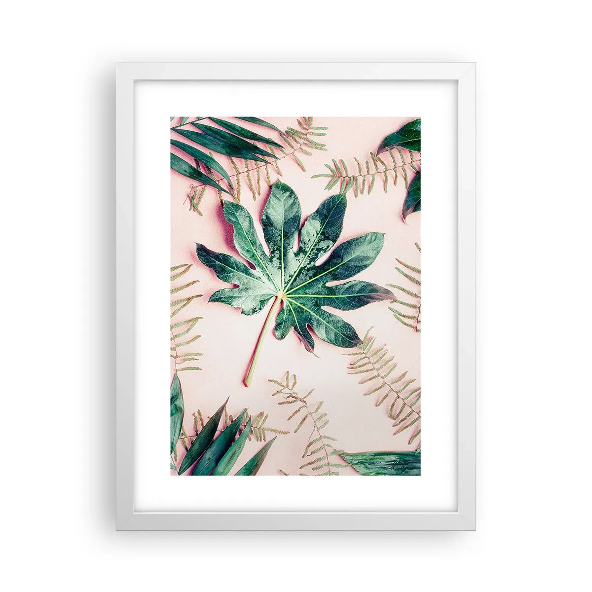 Poster în ramă albă - Studiu de verdeață pe un fundal roz - 30x40 cm