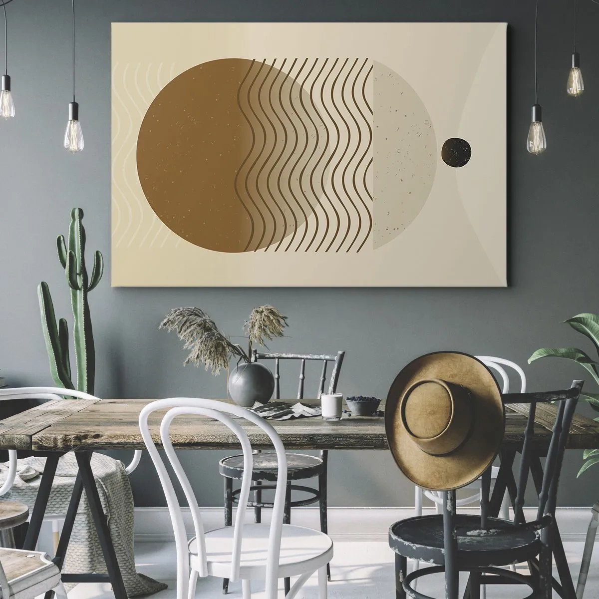 Tablou pe pânză Canvas - Abstracție geometrică cu cercuri și linii ondulate în culori calde. - 70x50cm - Despre originea figurilor geometrice - Decorațiune modernă pentru perete pentru living și dormitor ARTTOR
