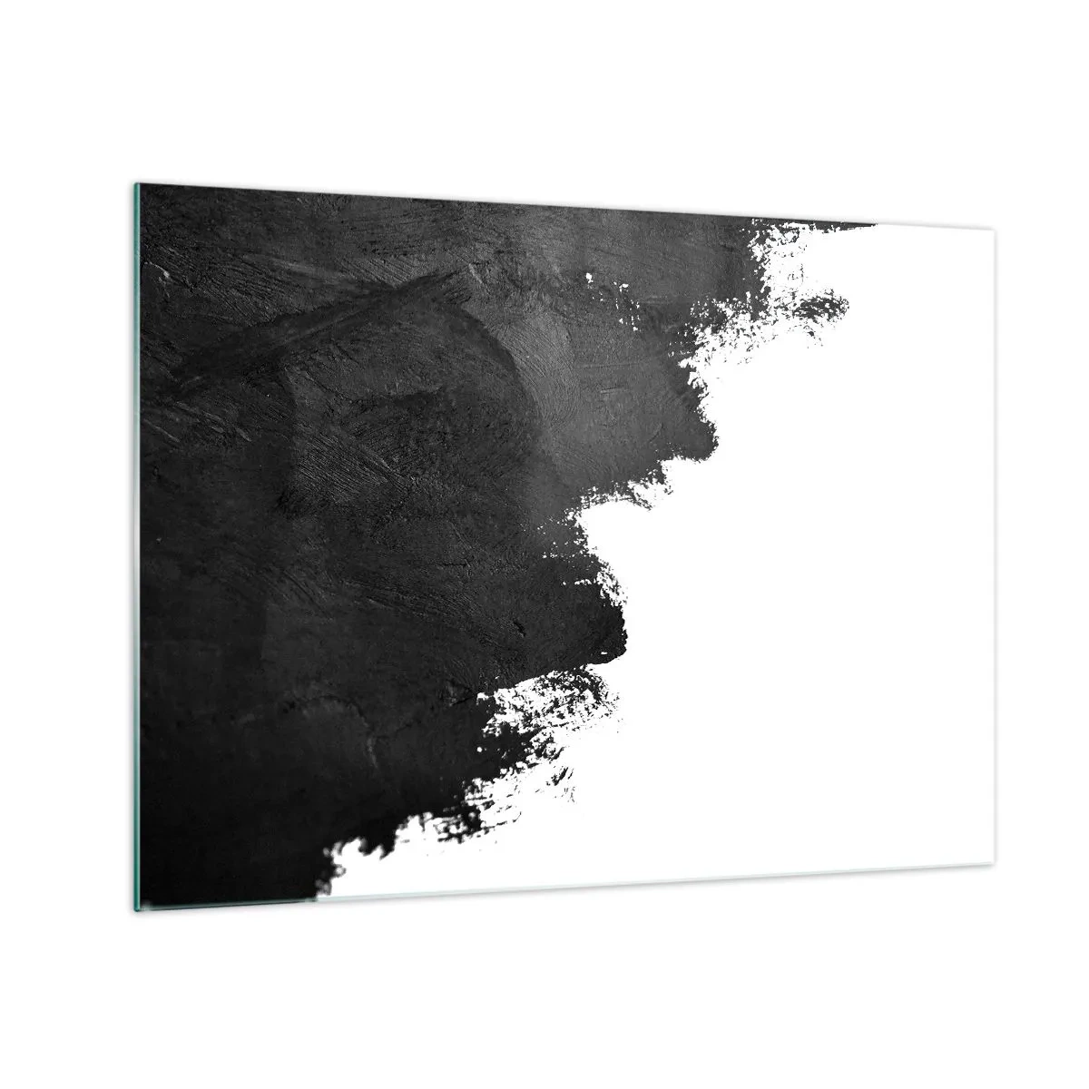 Tablou pe sticlă - Textură de vopsea neagră pe fundal alb, în stil minimalist - 70x50cm - Elemente: pământ - Decorațiune modernă pentru perete pentru living și dormitor ARTTOR