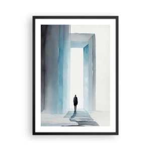 Poster în ramă neagră - O figură care trece printr-o poartă albastră, simbolizând libertatea și posibilitățile nelimitate - 50x70cm - Trăiește fără limite - Decorațiune modernă pentru perete pentru living și dormitor ARTTOR