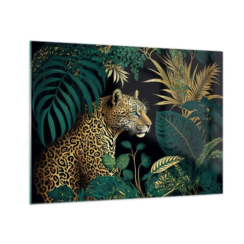 Tablou pe sticlă - Un leopard printre frunze tropicale pe un fundal întunecat - 70x50cm - Domnitorul junglei - Decorațiune modernă pentru perete pentru living și dormitor ARTTOR