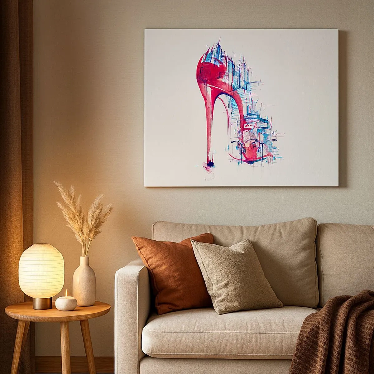 Tablou pe pânză Canvas - Toc stiletto roșu abstract cu detalii urbane - 70x50cm - Eleganta din marele oraș - Decorațiune modernă pentru perete pentru living și dormitor ARTTOR