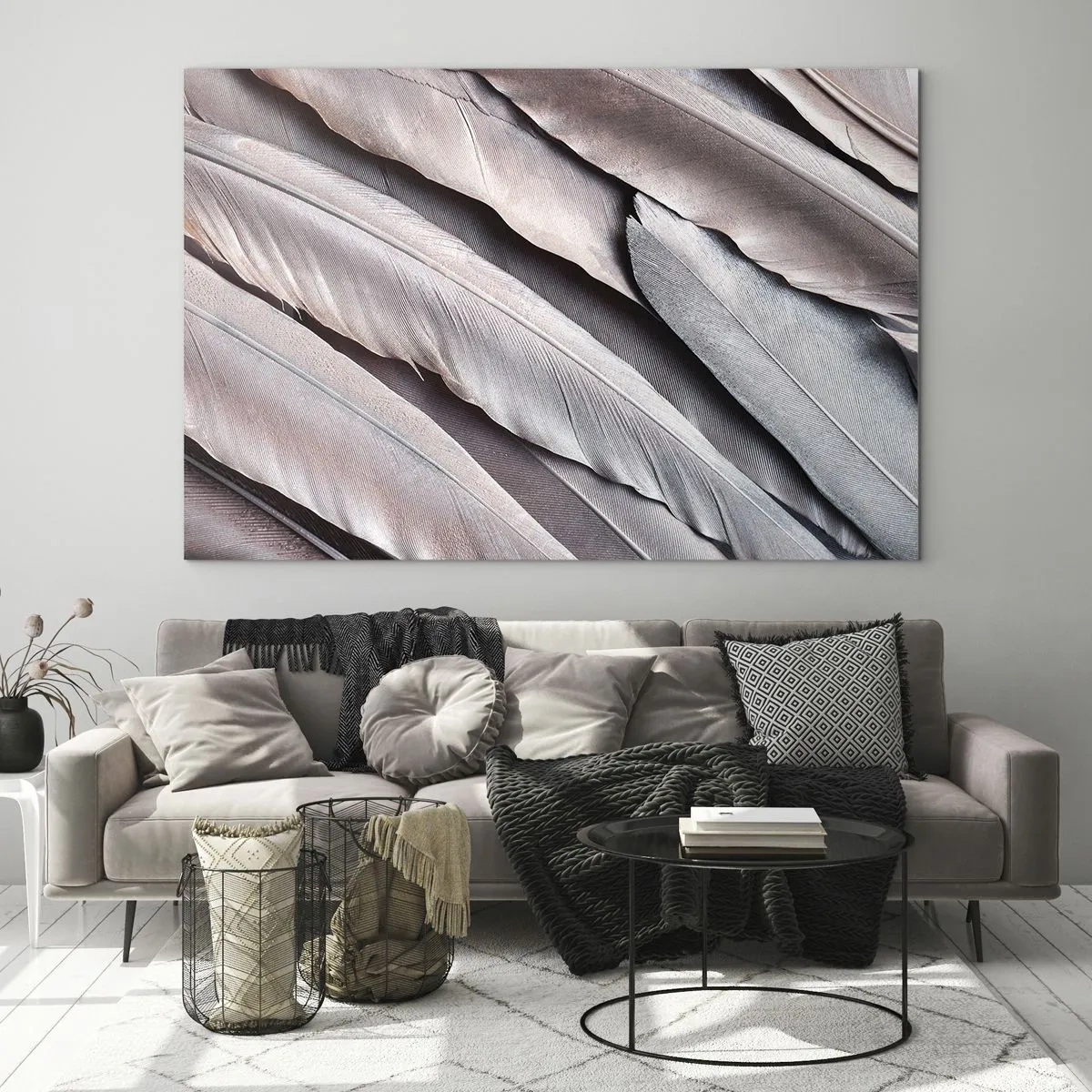 Tablou pe sticlă - Prim-plan cu pene pastelate în nuanțe de roz și argintiu - 70x50cm - Argintul roz - Decorațiune modernă pentru perete pentru living și dormitor ARTTOR