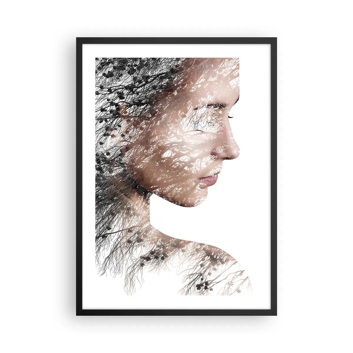 Poster în ramă neagră - Portret cu dublă expunere al unei femei cu motiv natural - 50x70cm - Spiritul pădurii - Decorațiune modernă pentru perete pentru living și dormitor ARTTOR