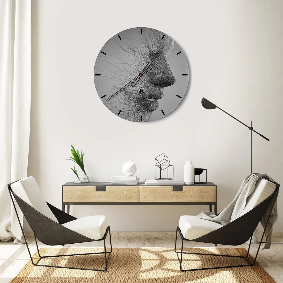 Ceas de perete - Ceas pe sticlă - Față abstractă cu linii subțiri pe fundal gri - 30x30cm - Spiritul vântului - Decorațiune modernă pentru perete pentru living, bucătărie și dormitor ARTTOR