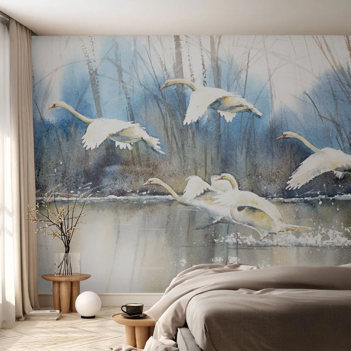 Tapet Premium Sand - Dansând cu lebedele sălbatice - Lebedele, Păsări, Peisaj - 100x70 cm