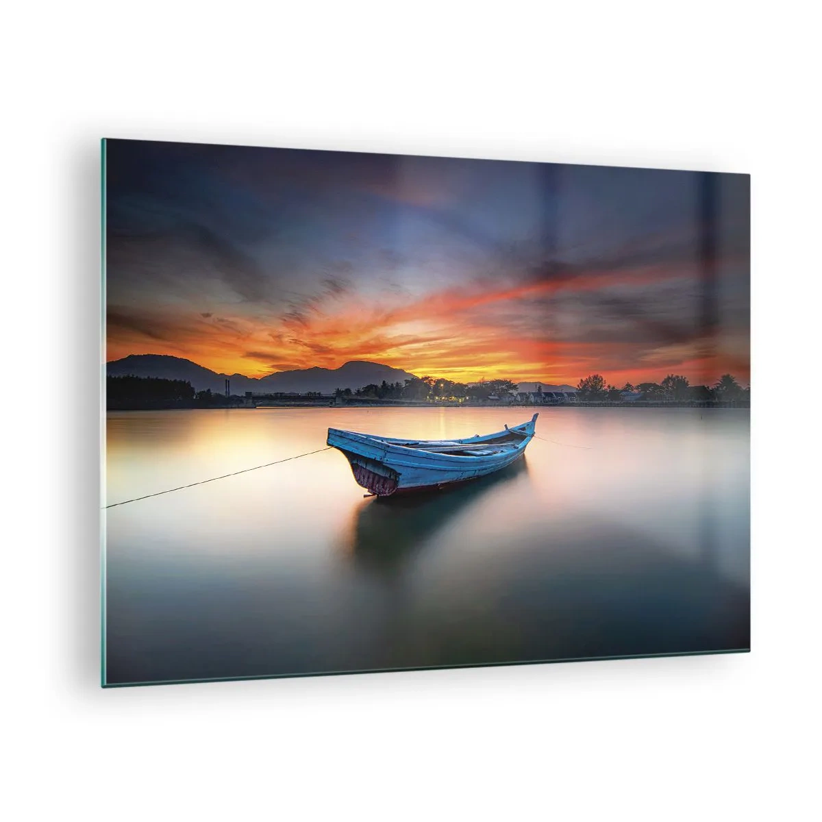 Tablou pe sticlă - Barcă de lemn pe lac la apus - 70x50cm - O noapte bună înainte - Decorațiune modernă pentru perete pentru living și dormitor ARTTOR