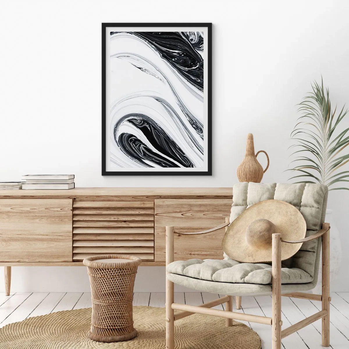Poster în ramă neagră - Model abstract alb-negru cu linii curgătoare - 50x70cm - Combinație de contrarii - Decorațiune modernă pentru perete pentru living și dormitor ARTTOR