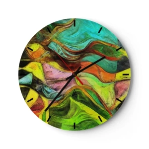 Ceas de perete - Ceas pe sticlă - Abstracție colorată cu linii și forme dinamice - 30x30cm - Mișcarea este viață - Decorațiune modernă pentru perete pentru living, bucătărie și dormitor ARTTOR
