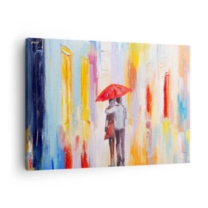 Tablou pe pânză Canvas - Un cuplu sub o umbrelă roșie, cu clădiri colorate în fundal. - 70x50cm - Să plouă în continuare - Decorațiune modernă pentru perete pentru living și dormitor ARTTOR