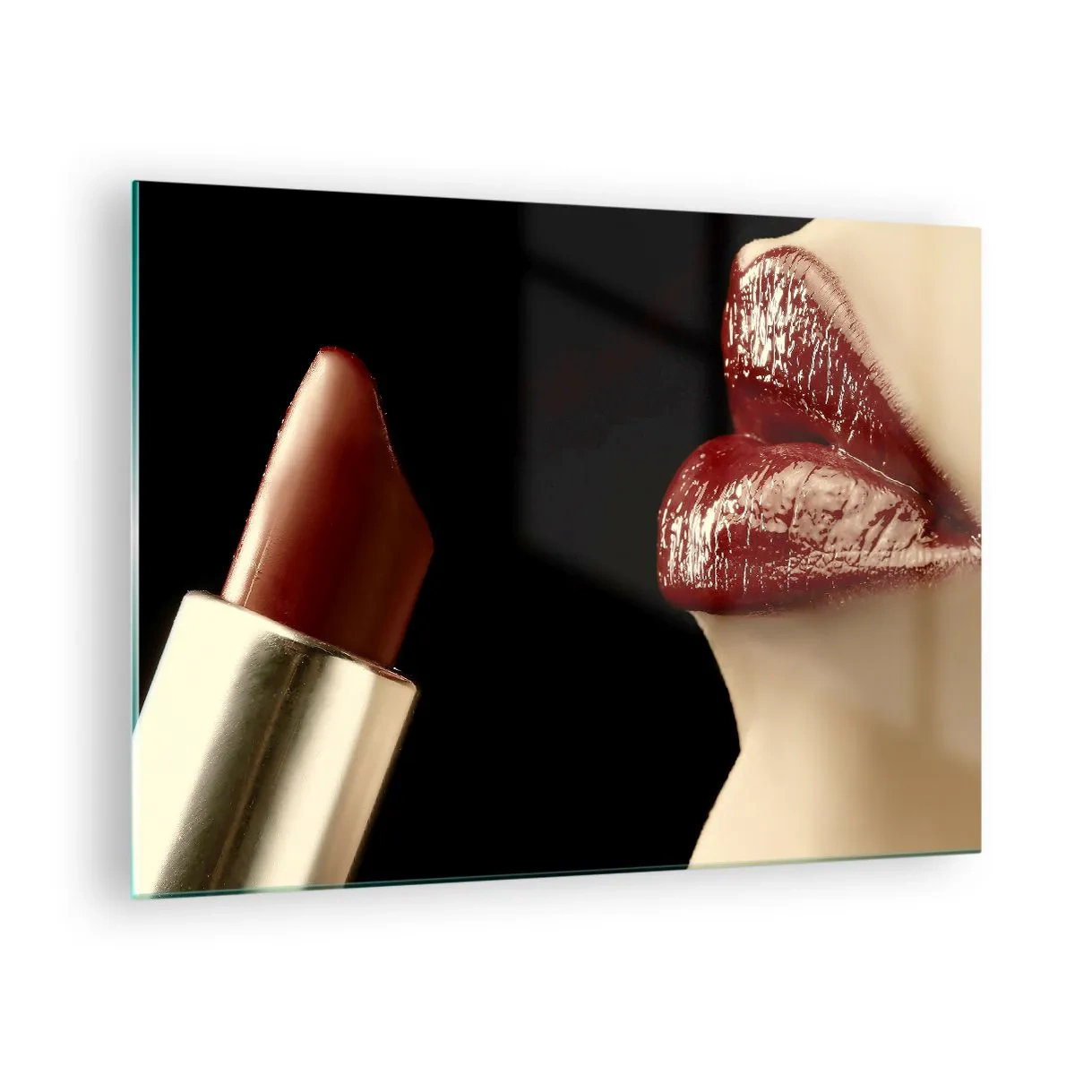 Tablou pe sticlă - Buze senzuale cu ruj roșu pe fundal închis - 70x50cm - Senzualitatea și strălucirea carminului - Decorațiune modernă pentru perete pentru living și dormitor ARTTOR
