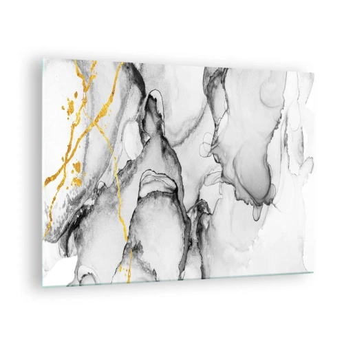 Tablou pe sticlă - Compoziție abstractă alb-negru cu accent auriu - 70x50cm - Compoziție cu motiv auriu - Decorațiune modernă pentru perete pentru living și dormitor ARTTOR