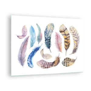 Tablou pe sticlă - Pene colorate într-un stil artistic pe un fundal alb - 70x50cm - Ușoare și colorate - Decorațiune modernă pentru perete pentru living și dormitor ARTTOR
