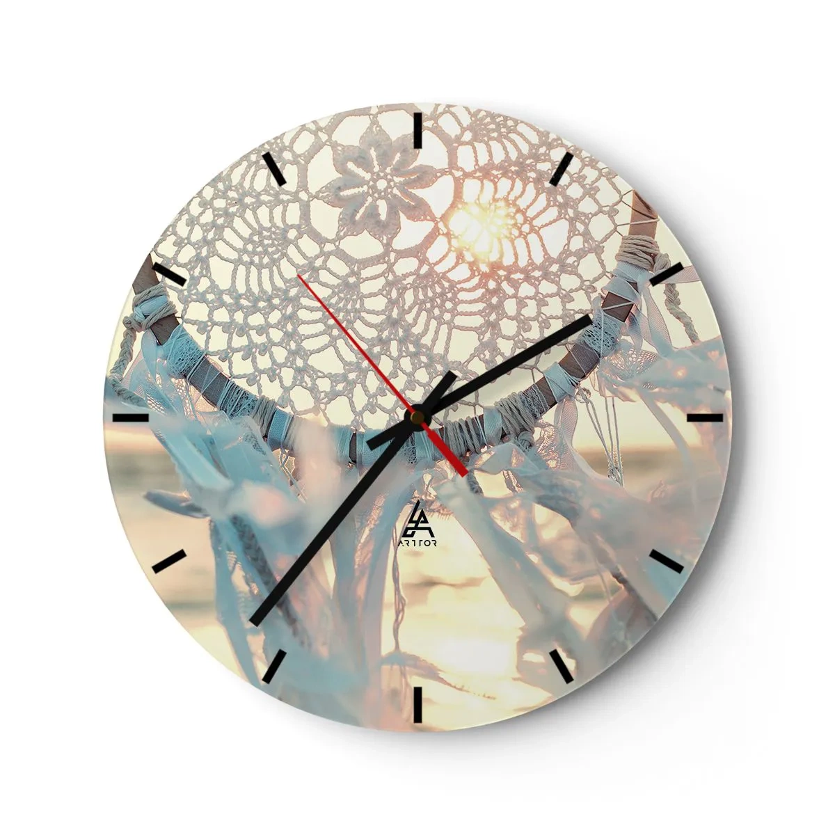 Ceas de perete - Ceas pe sticlă - Captor de vise din dantelă cu panglici în razele apusului - 30x30cm - Totem de dantelă - Decorațiune modernă pentru perete pentru living, bucătărie și dormitor ARTTOR