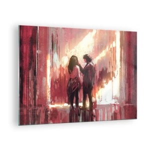 Tablou pe sticlă - Un cuplu în lumina caldă a unui decor abstract - 70x50cm - Spectacolul etern al iubirii - Decorațiune modernă pentru perete pentru living și dormitor ARTTOR