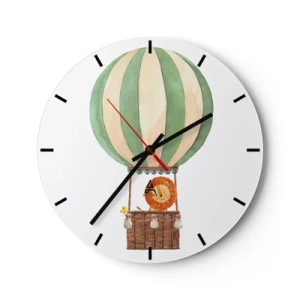 Ceas de perete - Ceas pe sticlă - Un leu și o rață într-un balon pe un fundal alb - 30x30cm - Călătoriile lui Leon - Decorațiune modernă pentru perete pentru living, bucătărie și dormitor ARTTOR