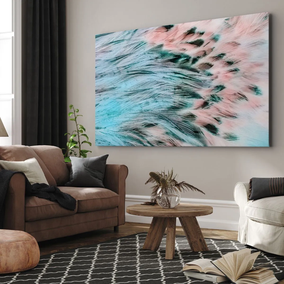 Tablou pe pânză Canvas - Prim-plan cu pene în culori pastelate roz-safir - 70x50cm - Puful roz și safir - Decorațiune modernă pentru perete pentru living și dormitor ARTTOR