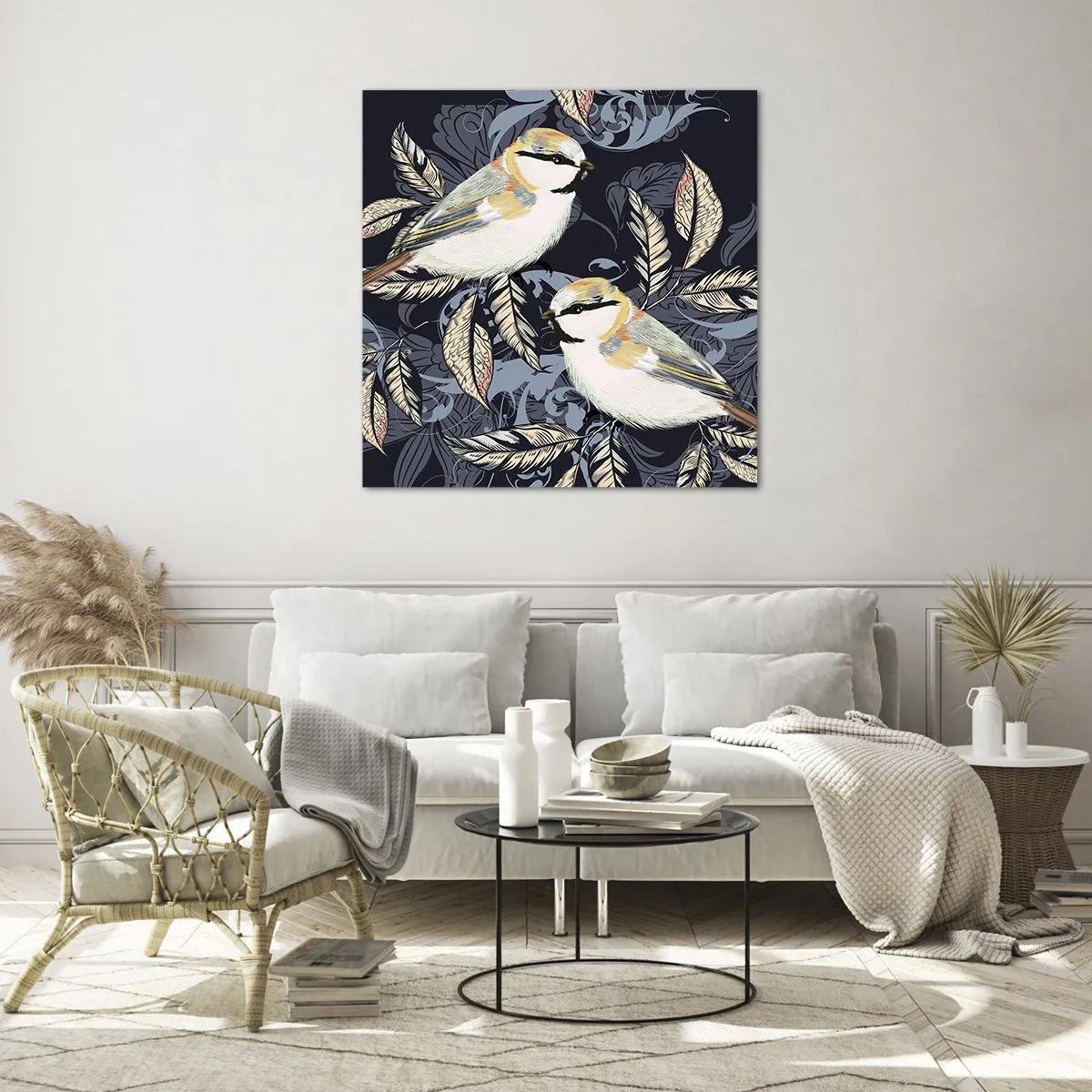 Tablou pe sticlă - Ciripirile galben-albastru - 70x70 cm