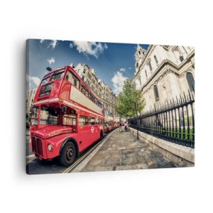 Tablou pe pânză Canvas - Autobuz roșu cu etaj în Londra, lângă stradă și catedrală - 70x50cm - Stradă din Londra în gri și roșu - Decorațiune modernă pentru perete pentru living și dormitor ARTTOR