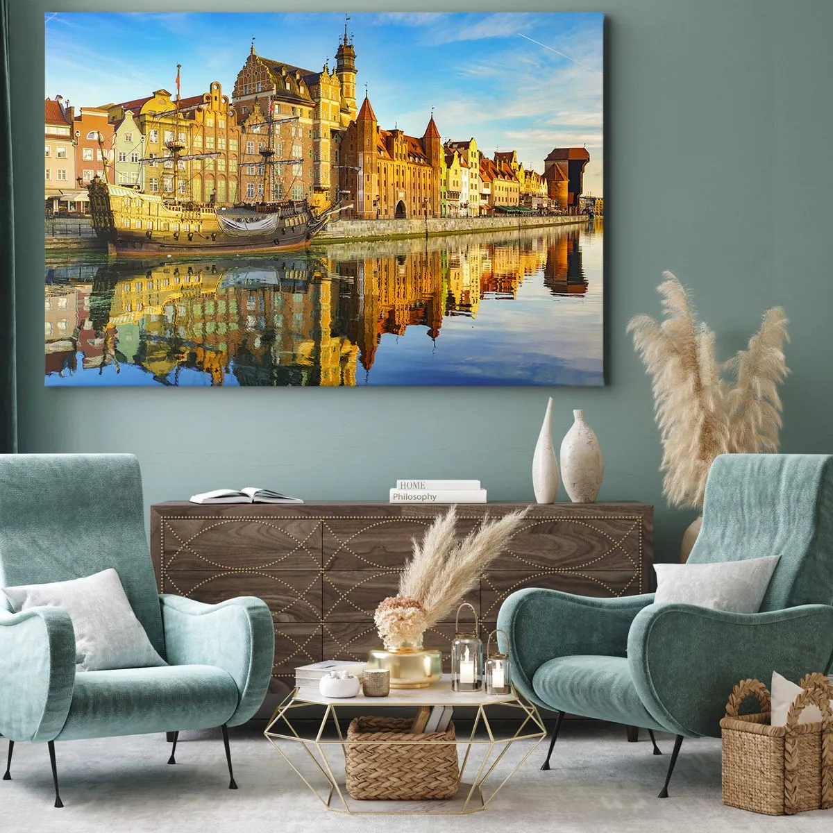 Tablou pe pânză Canvas - O vedere pitorească a orașului vechi cu o corabie cu pânze și apă - 70x50cm - Trecutul în oglindă - Decorațiune modernă pentru perete pentru living și dormitor ARTTOR