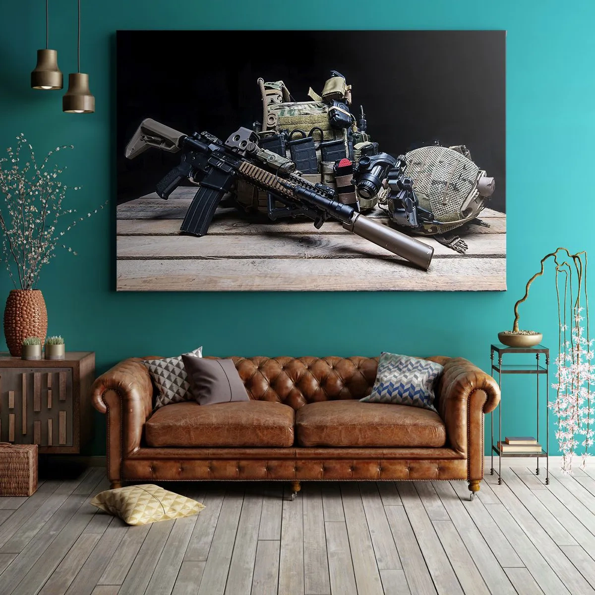 Tablou pe pânză Canvas - Echipament tactic cu o pușcă pe o masă de lemn - 70x50cm - Pe loc repaus! - Decorațiune modernă pentru perete pentru living și dormitor ARTTOR