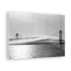 Tablou pe sticlă - Un pod în alb și negru cu ceață deasupra apei - 70x50cm - Să trecem prin Golden Gate - Decorațiune modernă pentru perete pentru living și dormitor ARTTOR