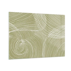 Tablou pe sticlă - Liniile albe formează o structură complexă pe un fundal verde măsliniu. - 70x50cm - Abstracție complicată în alb - Decorațiune modernă pentru perete pentru living și dormitor ARTTOR